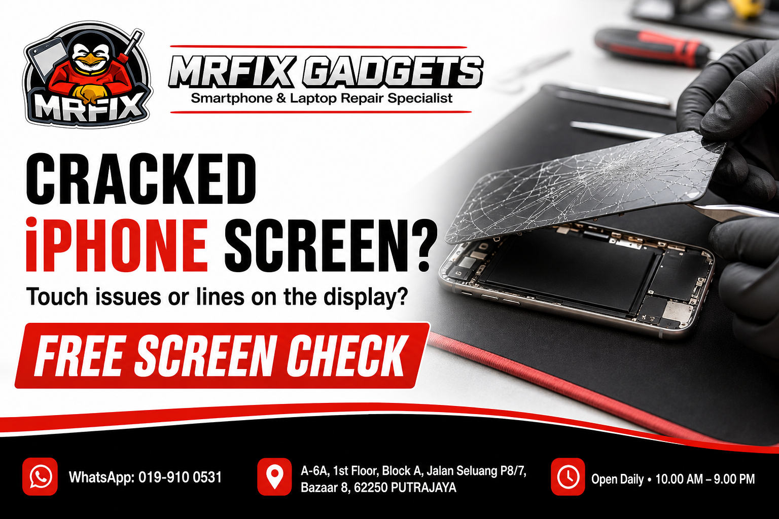 Cracked iPhone screen repair Putrajaya inspection at MRFIX Gadgets