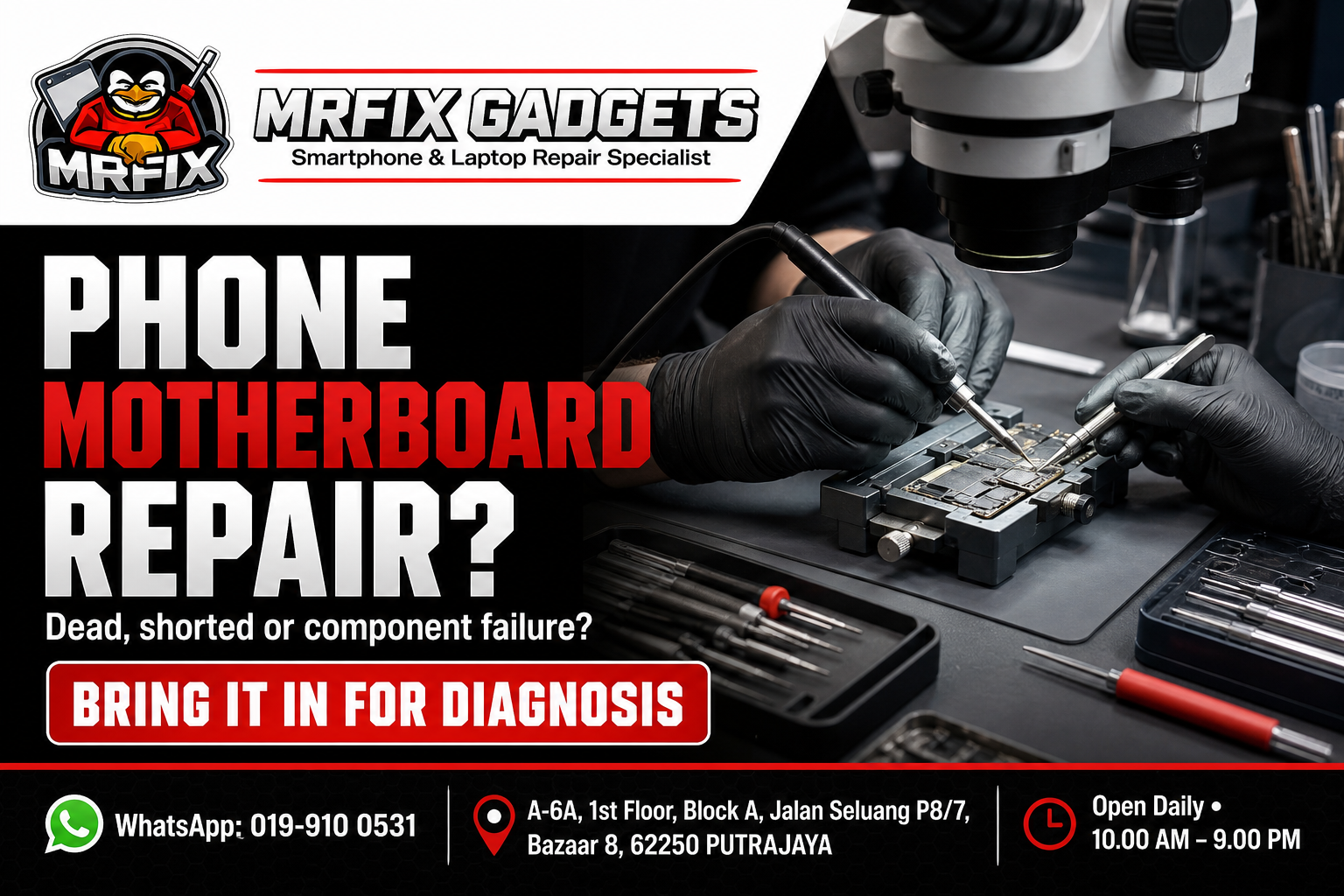 Phone motherboard repair Putrajaya microscope inspection at MRFIX Gadgets