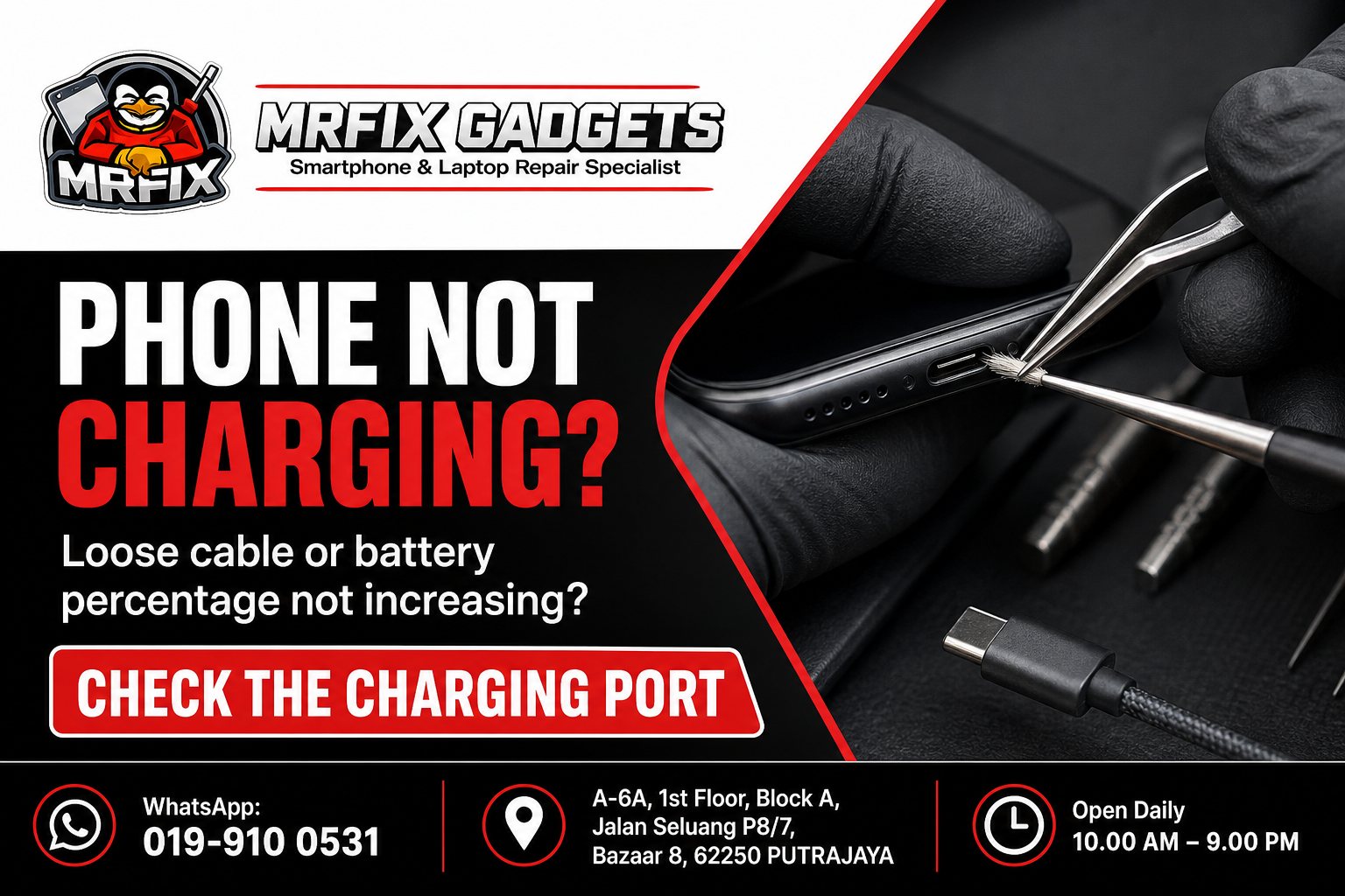 Phone not charging repair Putrajaya charging port inspection at MRFIX Gadgets