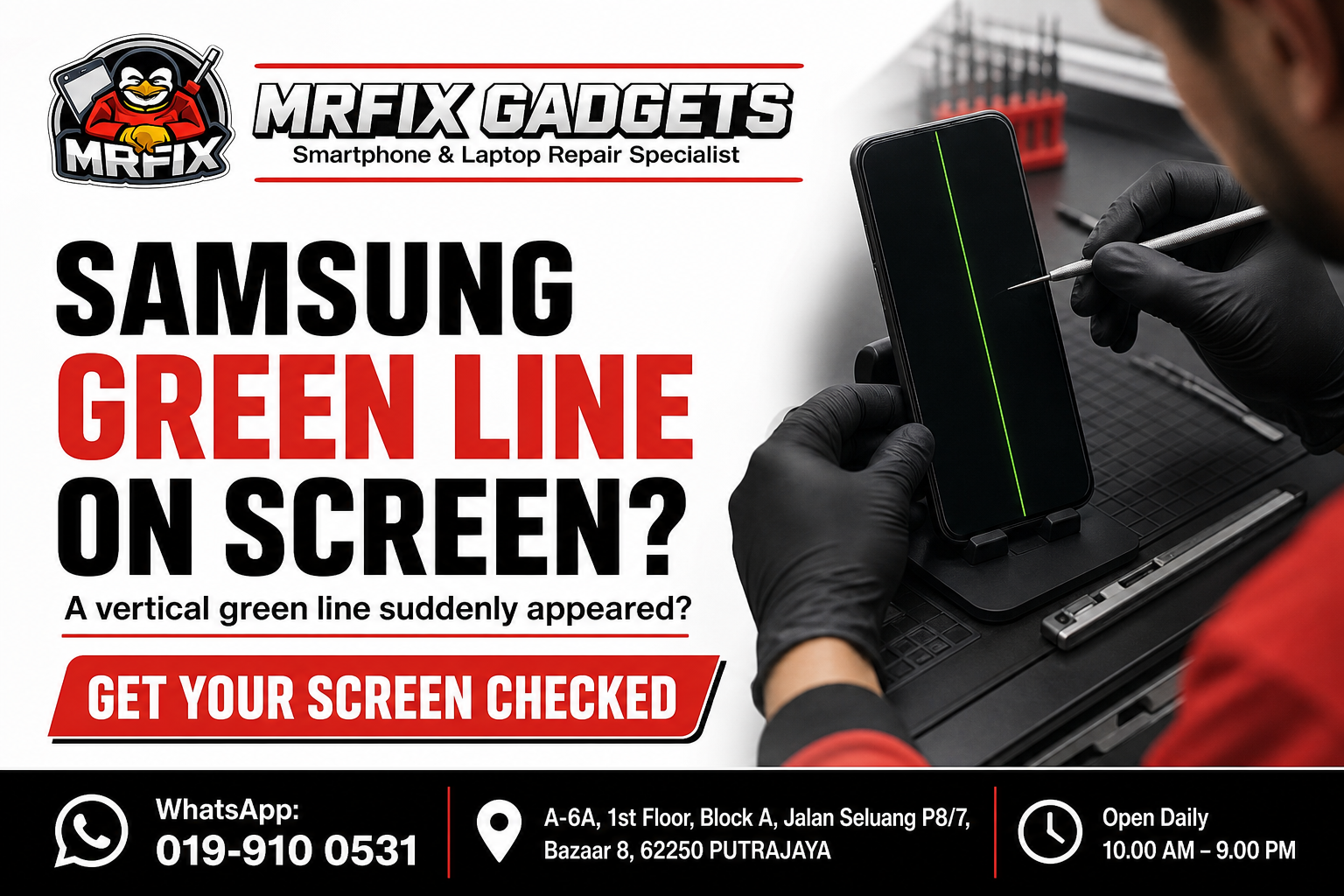 Samsung green line screen repair Putrajaya inspection at MRFIX Gadgets