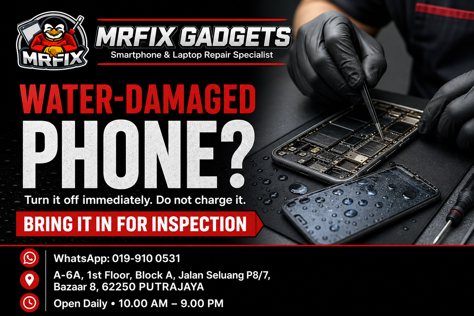 Water-damaged phone repair Putrajaya inspection at MRFIX Gadgets