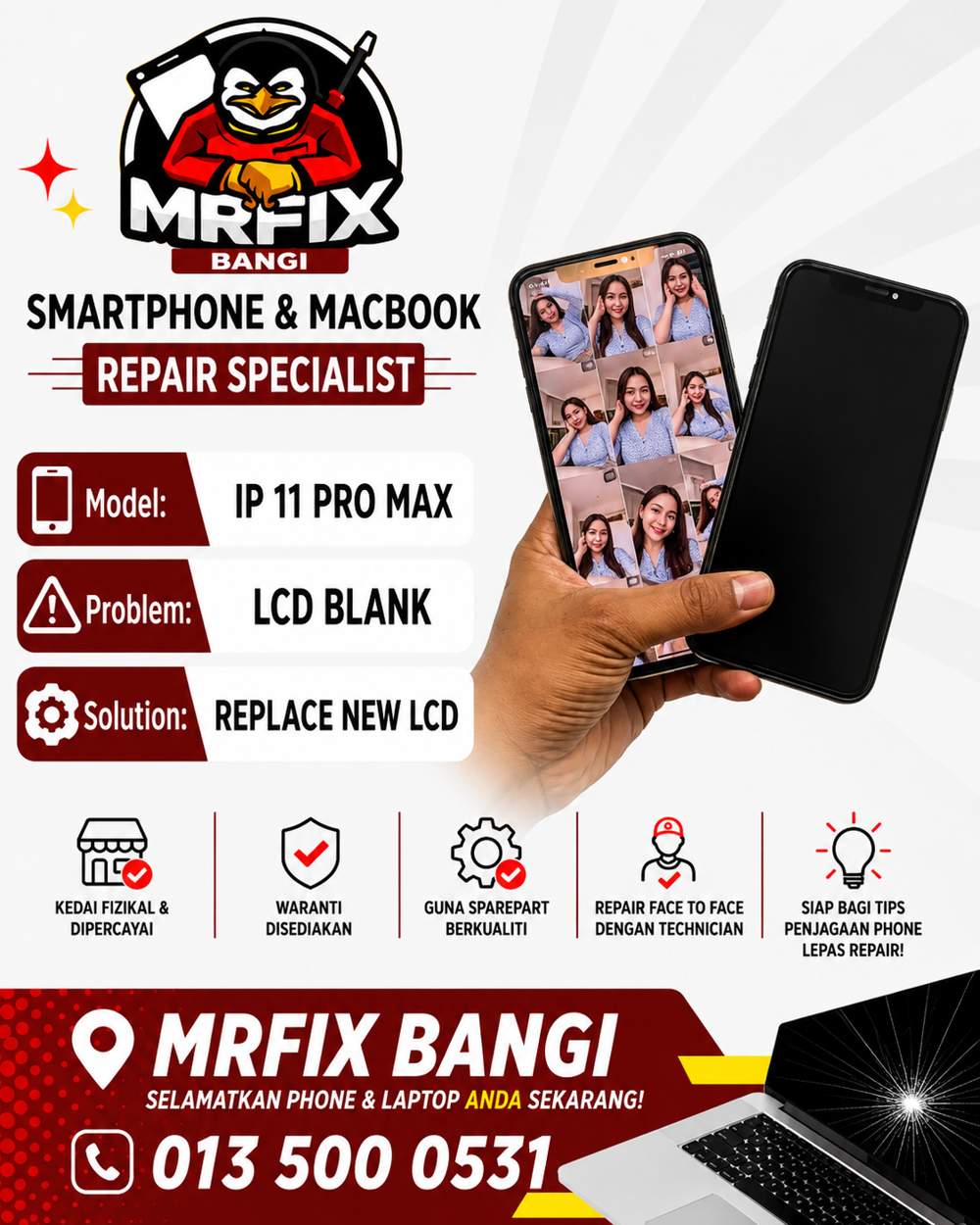 kedai repair phone Bangi - iPhone 11 Pro Max lcd blank