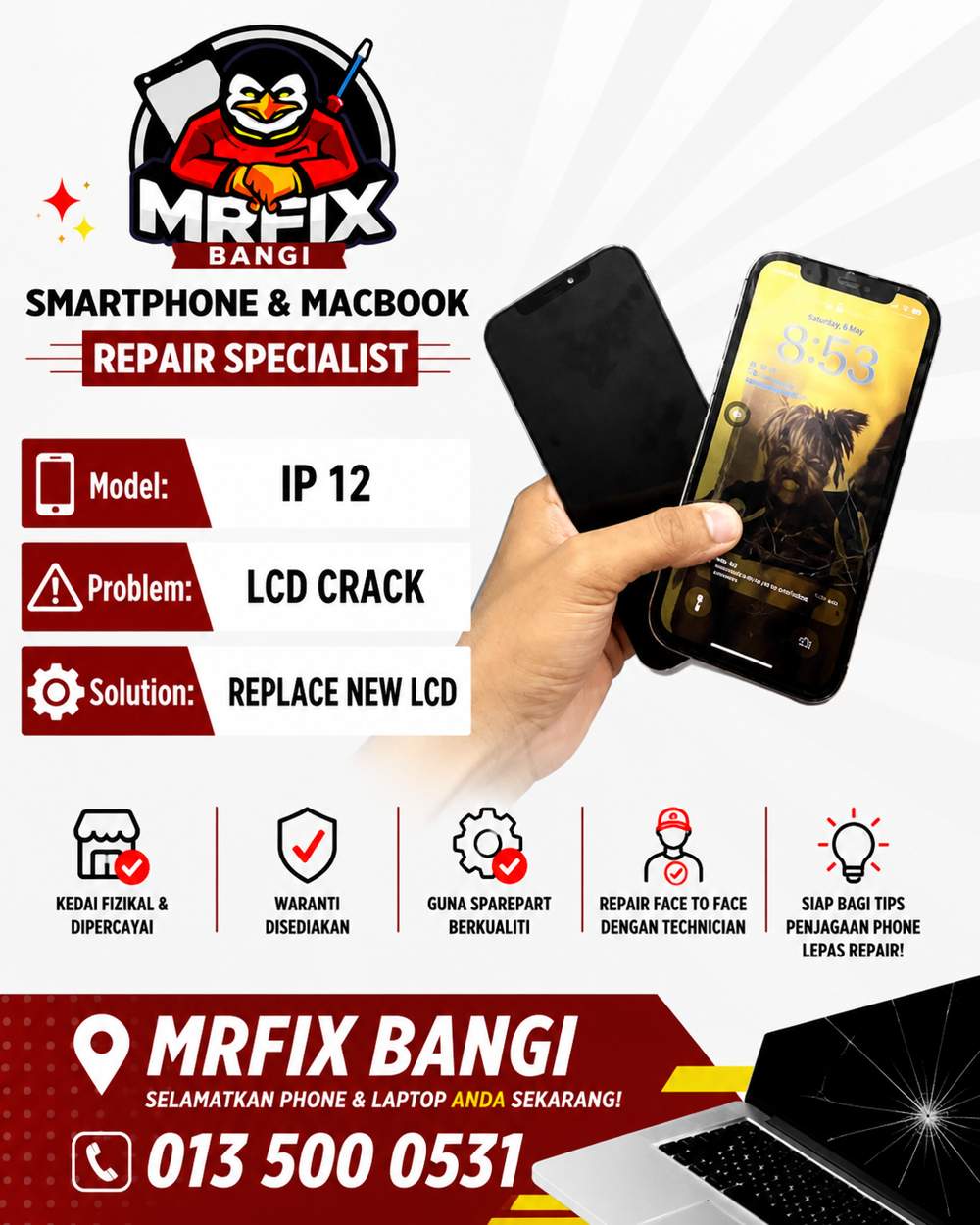 kedai repair phone Bangi - iPhone 12 lcd crack