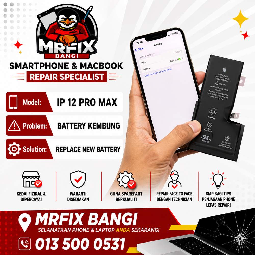kedai repair phone Bangi - iPhone 12 Pro Max battery kembung