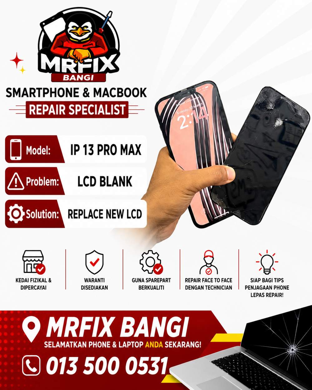 kedai repair phone Bangi - iPhone 13 Pro Max lcd blank