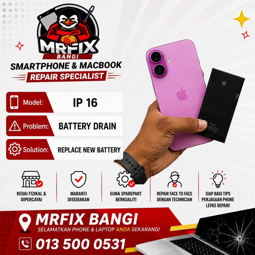 kedai repair phone Bangi - iPhone 16 battery drain