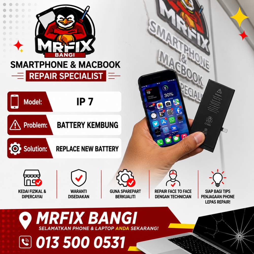 kedai repair phone Bangi - iPhone 7 battery kembung