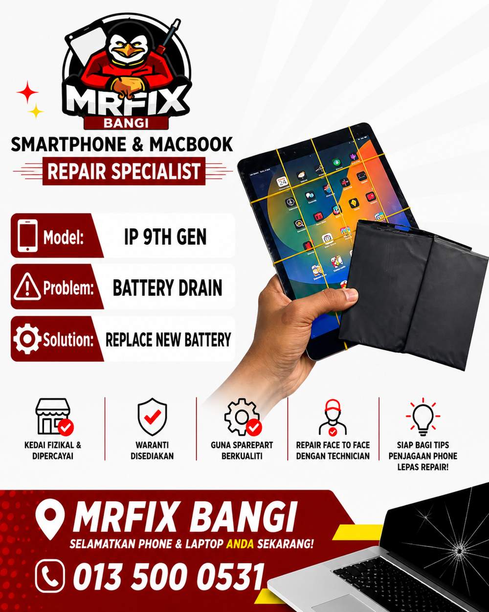 kedai repair phone Bangi - iPad 9th Gen battery drain