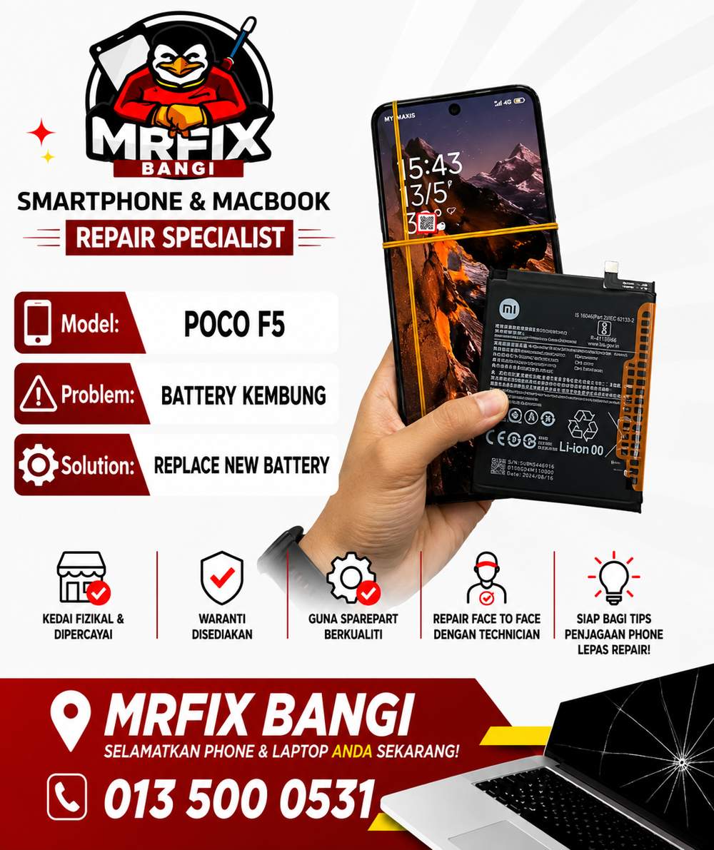 kedai repair phone Bangi - Poco F5 battery kembung