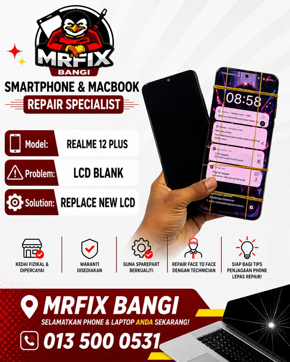 kedai repair phone Bangi - Realme 12 Plus lcd blank