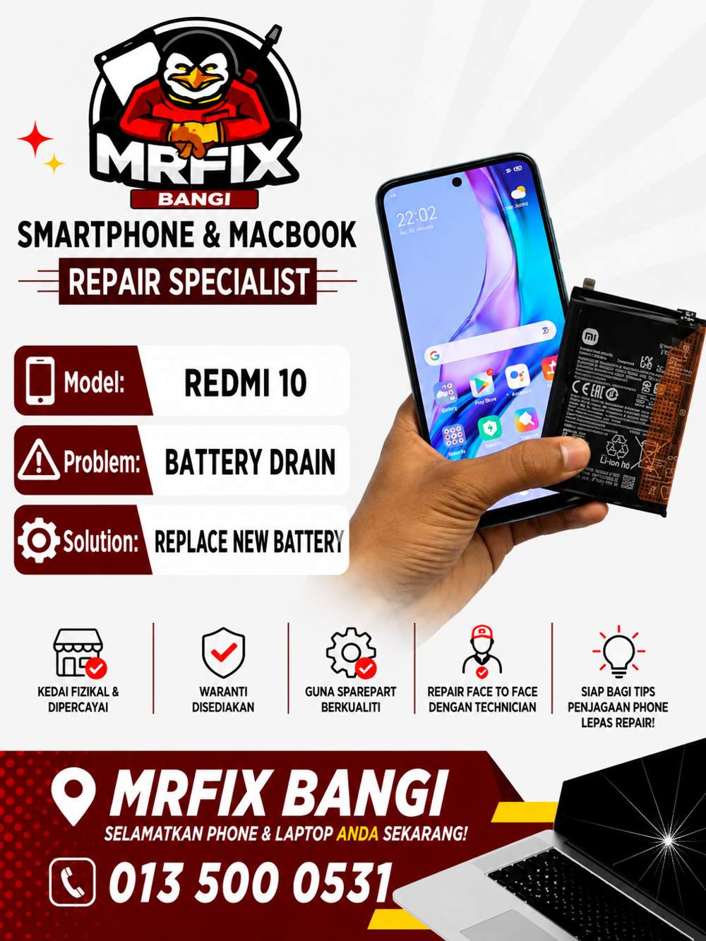kedai repair phone Bangi - Redmi 10 battery drain