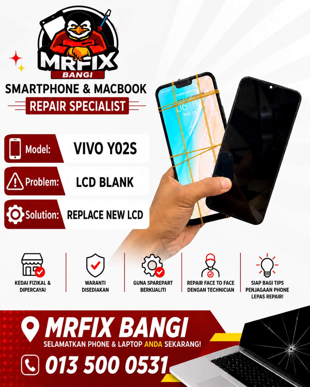 kedai repair phone Bangi - Vivo Y02s lcd blank