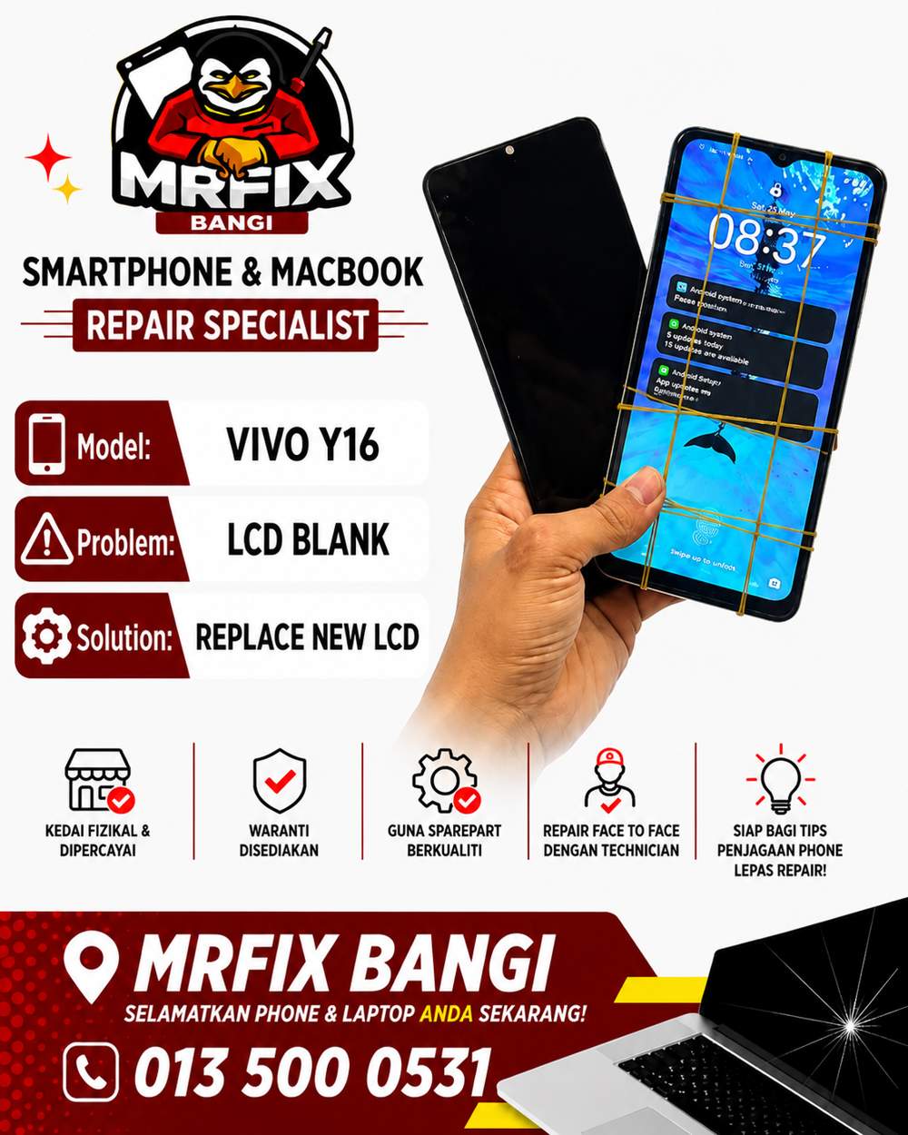 kedai repair phone Bangi - Vivo Y16 lcd blank