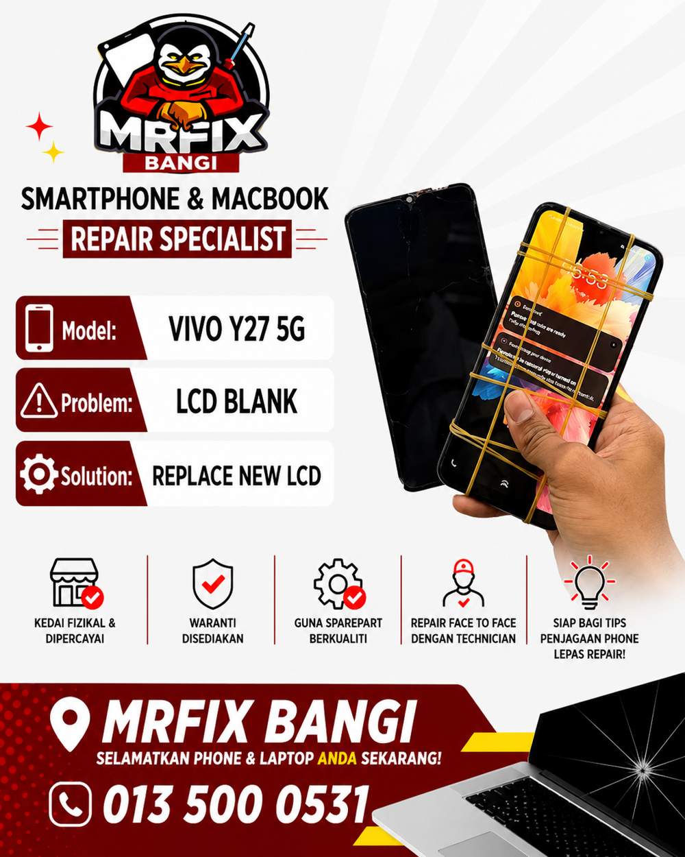 kedai repair phone Bangi - Vivo Y27 5G lcd blank