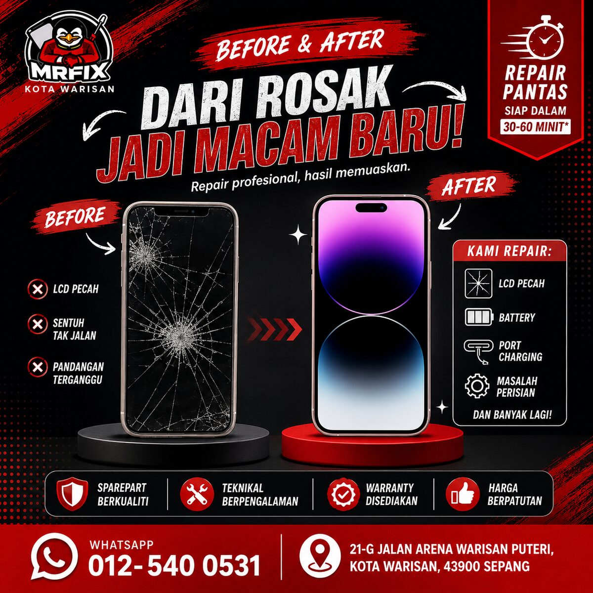 Tukar LCD Phone di Kota Warisan: Dari Rosak Jadi Macam Baru - MRFIX Kota Warisan