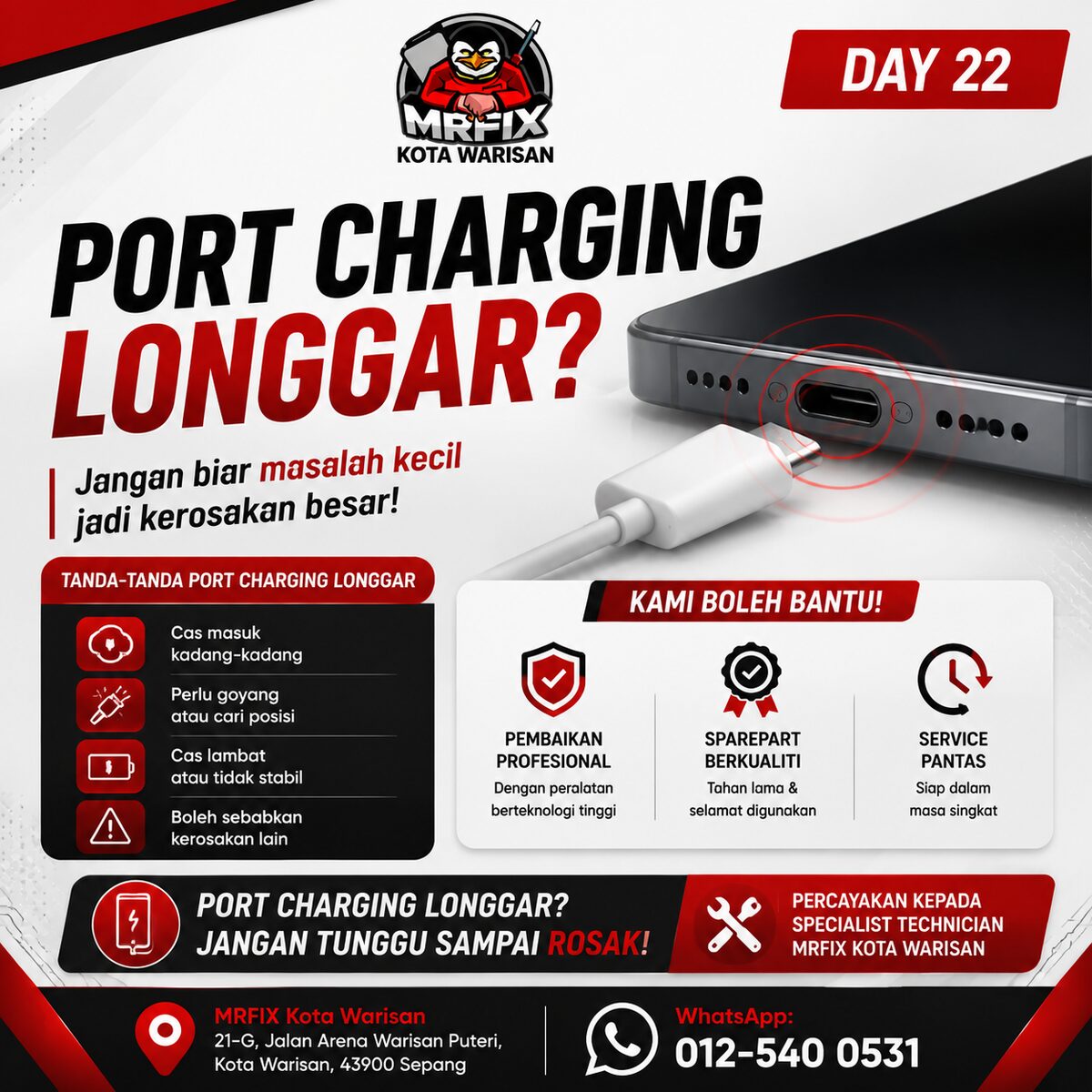Port Charging Longgar? Kami Boleh Repair di Kota Warisan - MRFIX Kota Warisan