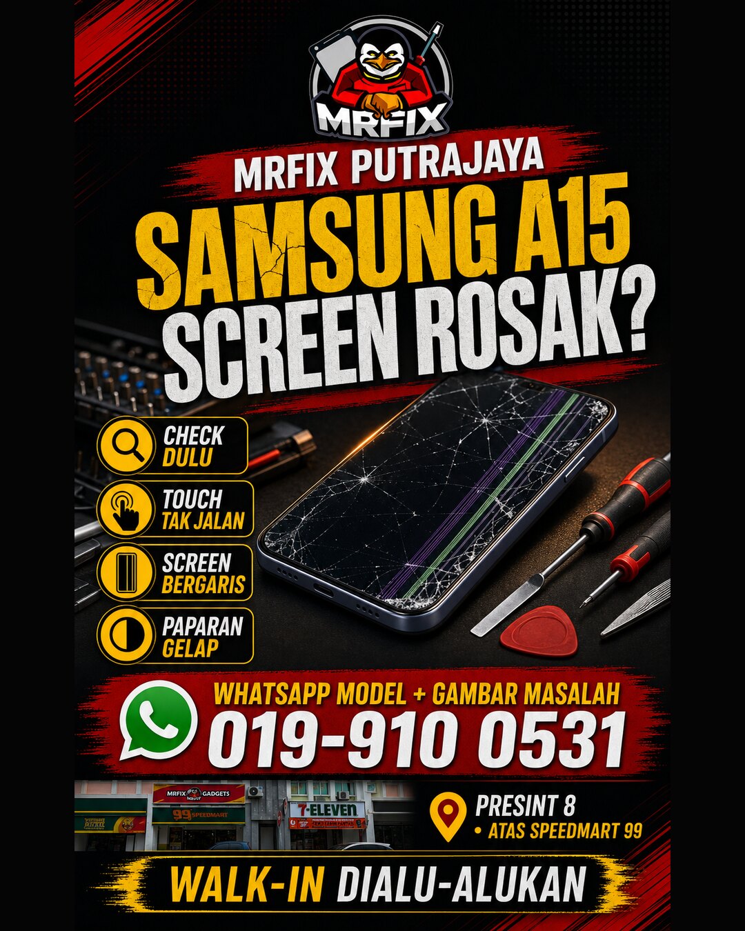 Poster Samsung A15 screen repair Putrajaya dengan pilihan check dulu di MRFIX
