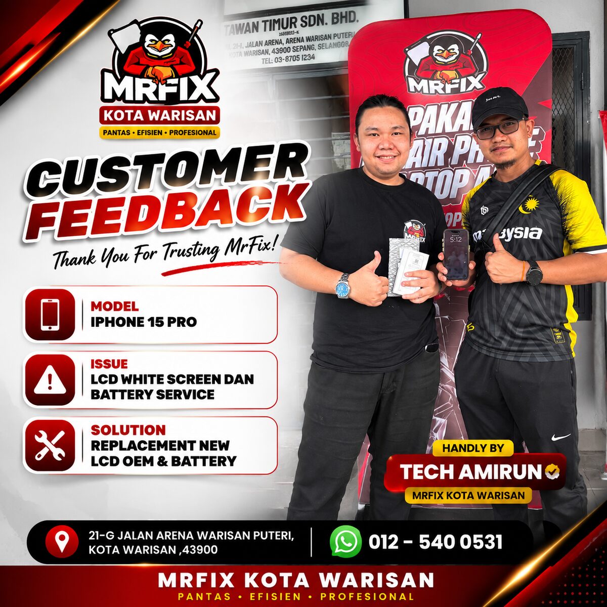 Case Study: Repair iPhone 15 Pro (LCD White Screen & Bateri) di Kota Warisan - MRFIX Kota Warisan