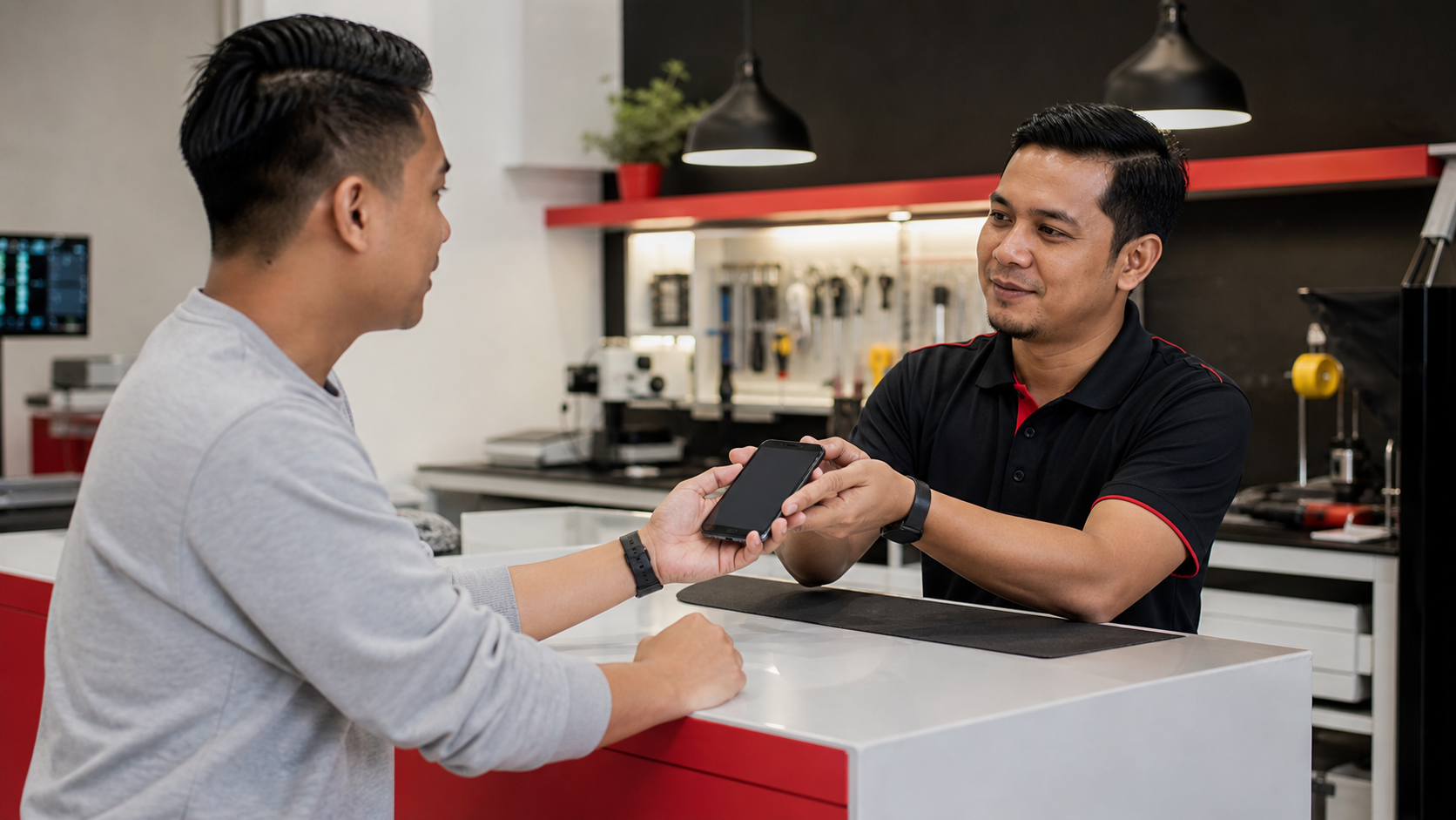 Pelanggan menerima telefon selepas repair di MRFIX Saujana Utama