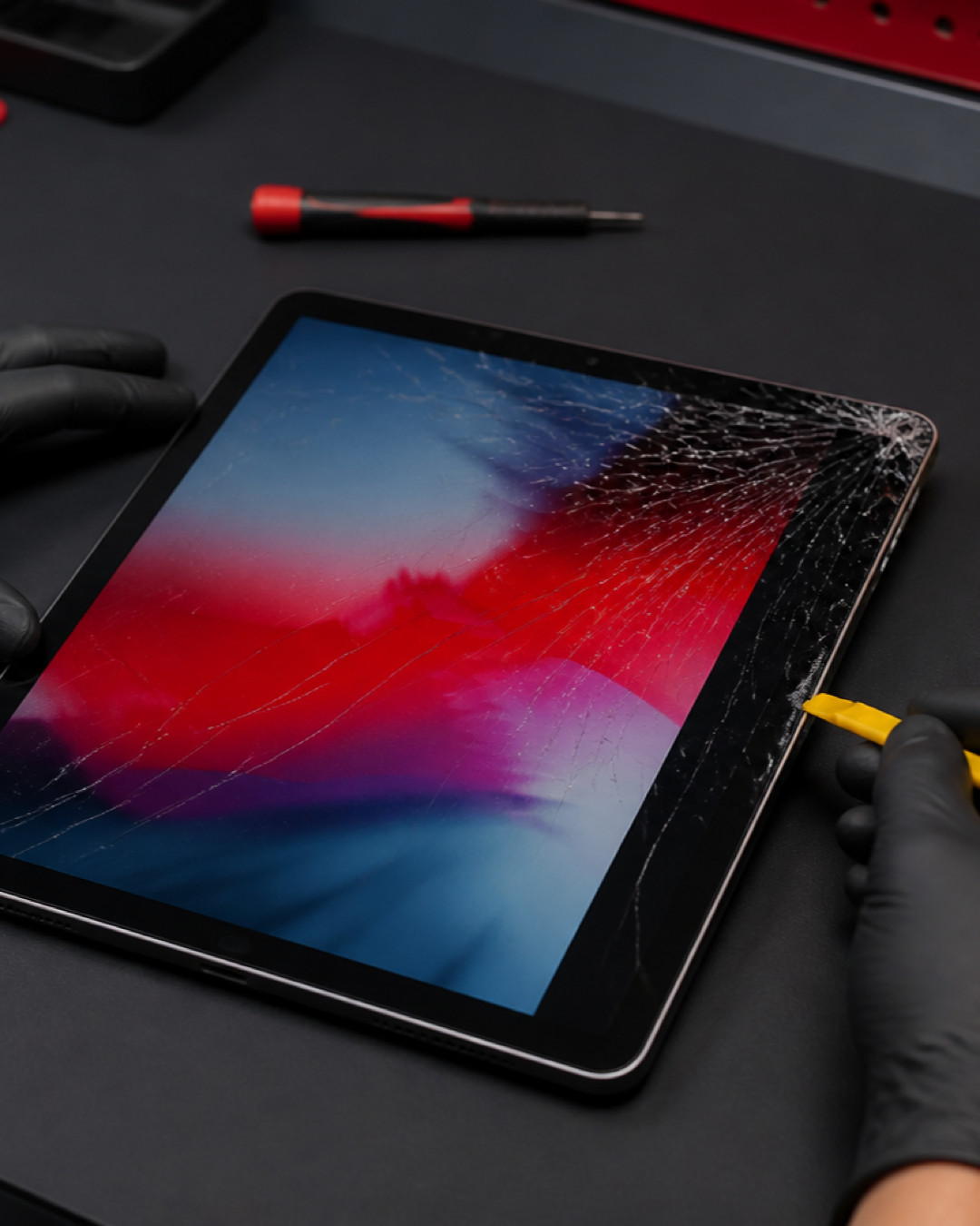 Cracked iPad screen being inspected on a professional repair bench in Putrajaya