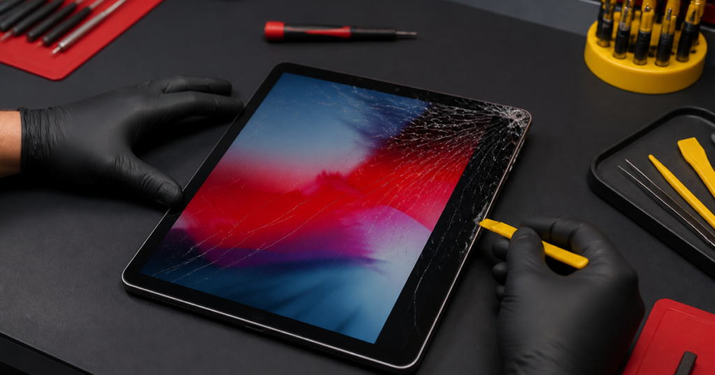 Cracked iPad screen prepared for a repair inspection in Putrajaya