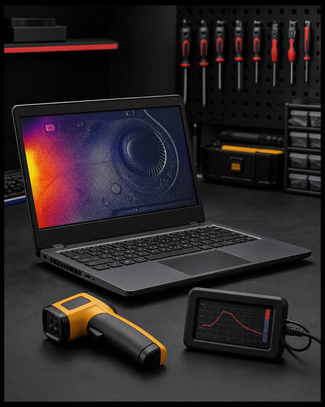 Illustration of a laptop heat and airflow inspection setup in Putrajaya