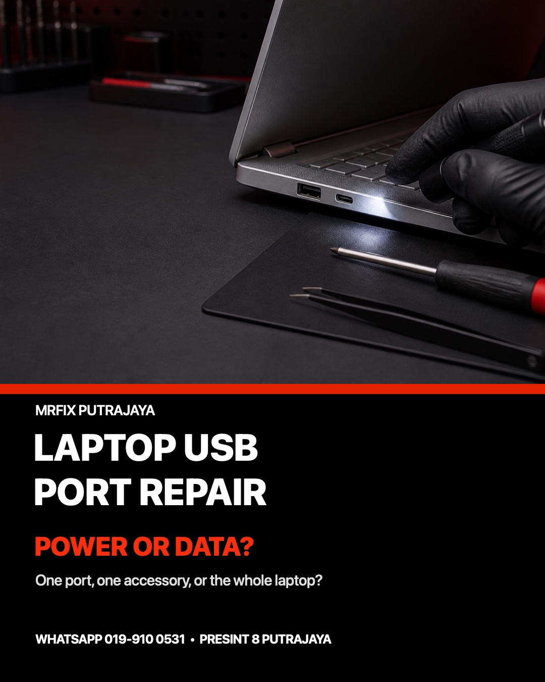 Illustration of a laptop USB-A and USB-C port inspection in Putrajaya
