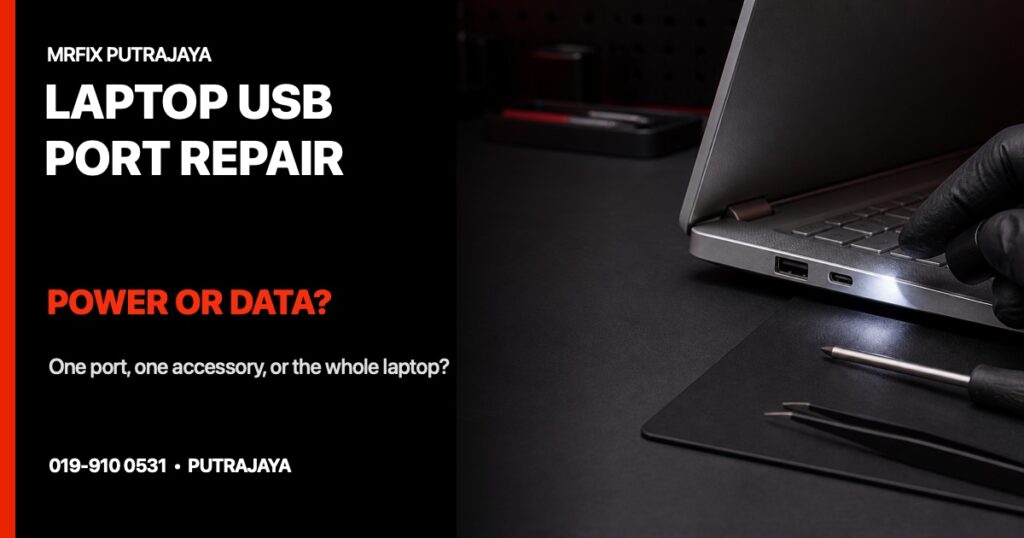 Laptop USB port repair Putrajaya power-or-data inspection illustration