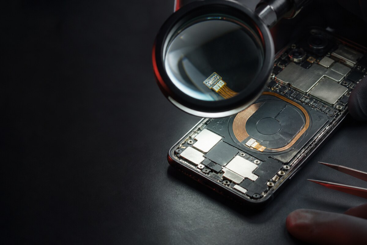 Diagnosis sambungan NFC dan frame belakang telefon