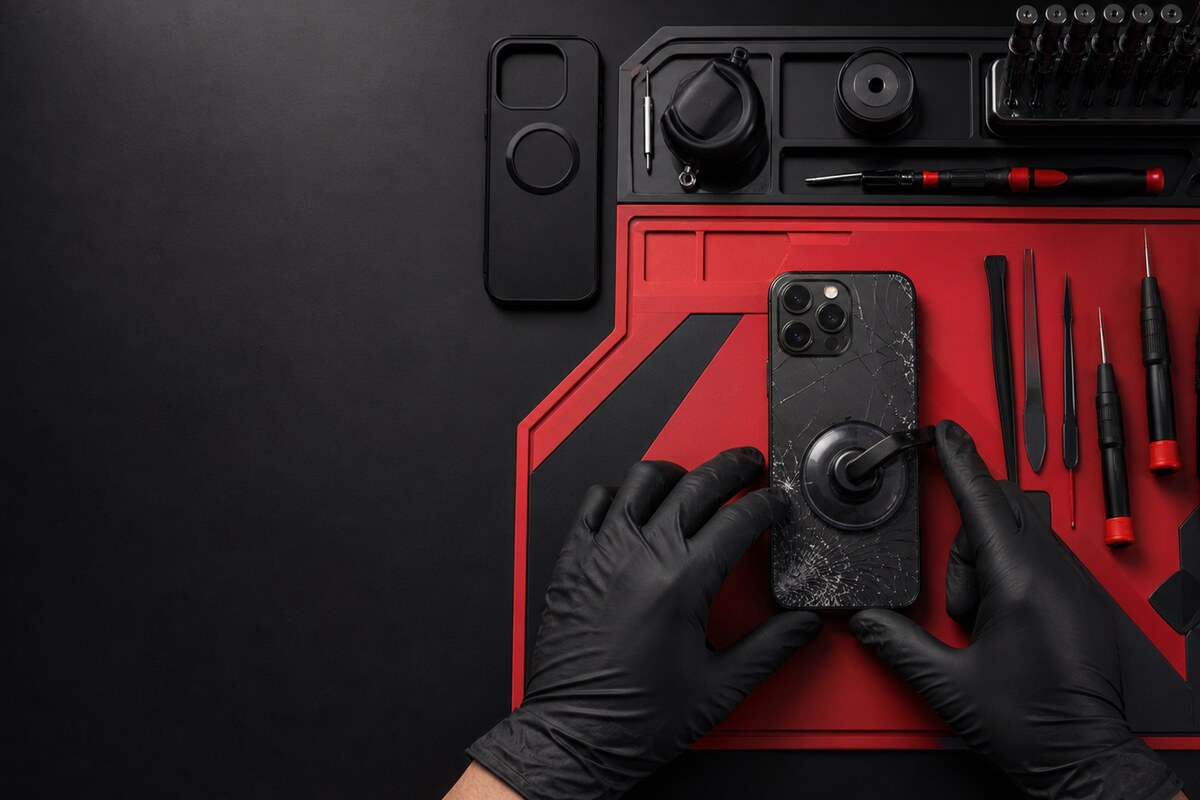Technician checking rear-panel edges and camera openings