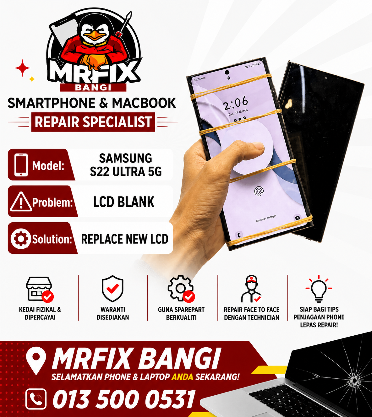 Technician checking a smartphone camera module in Bangi
