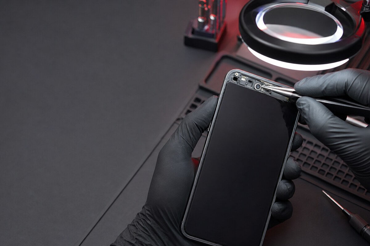 Technician inspecting the top sensor area of a smartphone