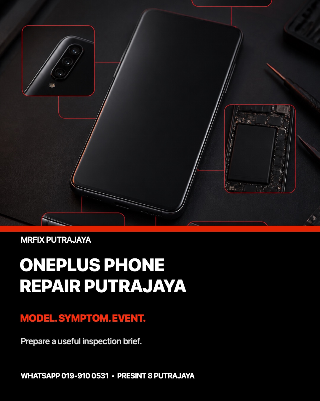 OnePlus phone repair Putrajaya model and symptom assessment illustration on a professional electronics bench