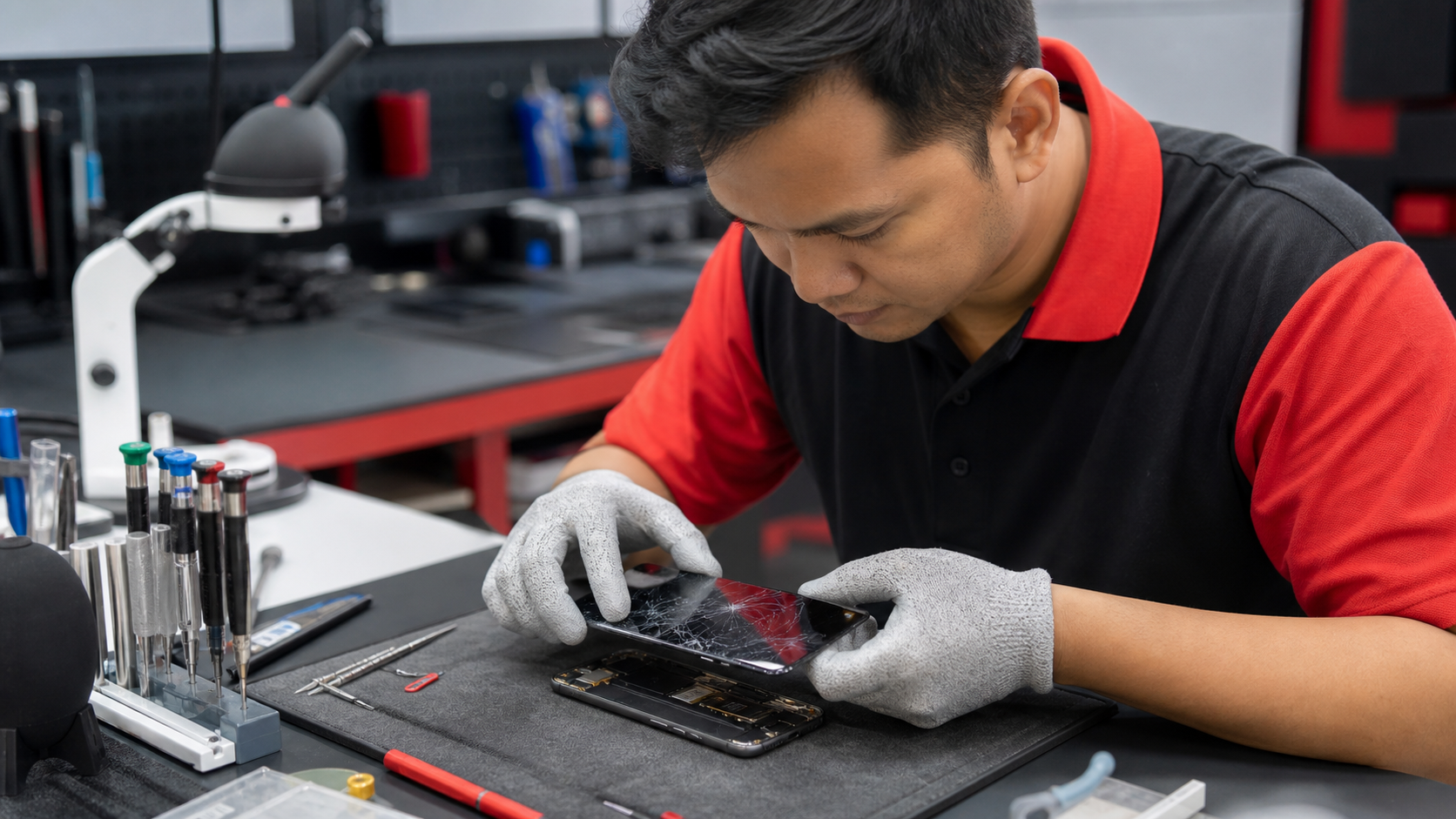 Juruteknik membaiki skrin telefon di MRFIX Saujana Utama