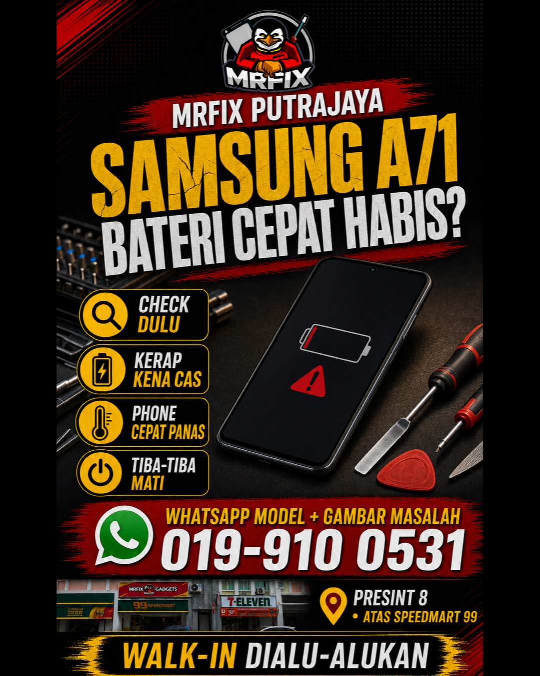 Poster tukar bateri Samsung A71 Putrajaya dengan tanda bateri cepat habis
