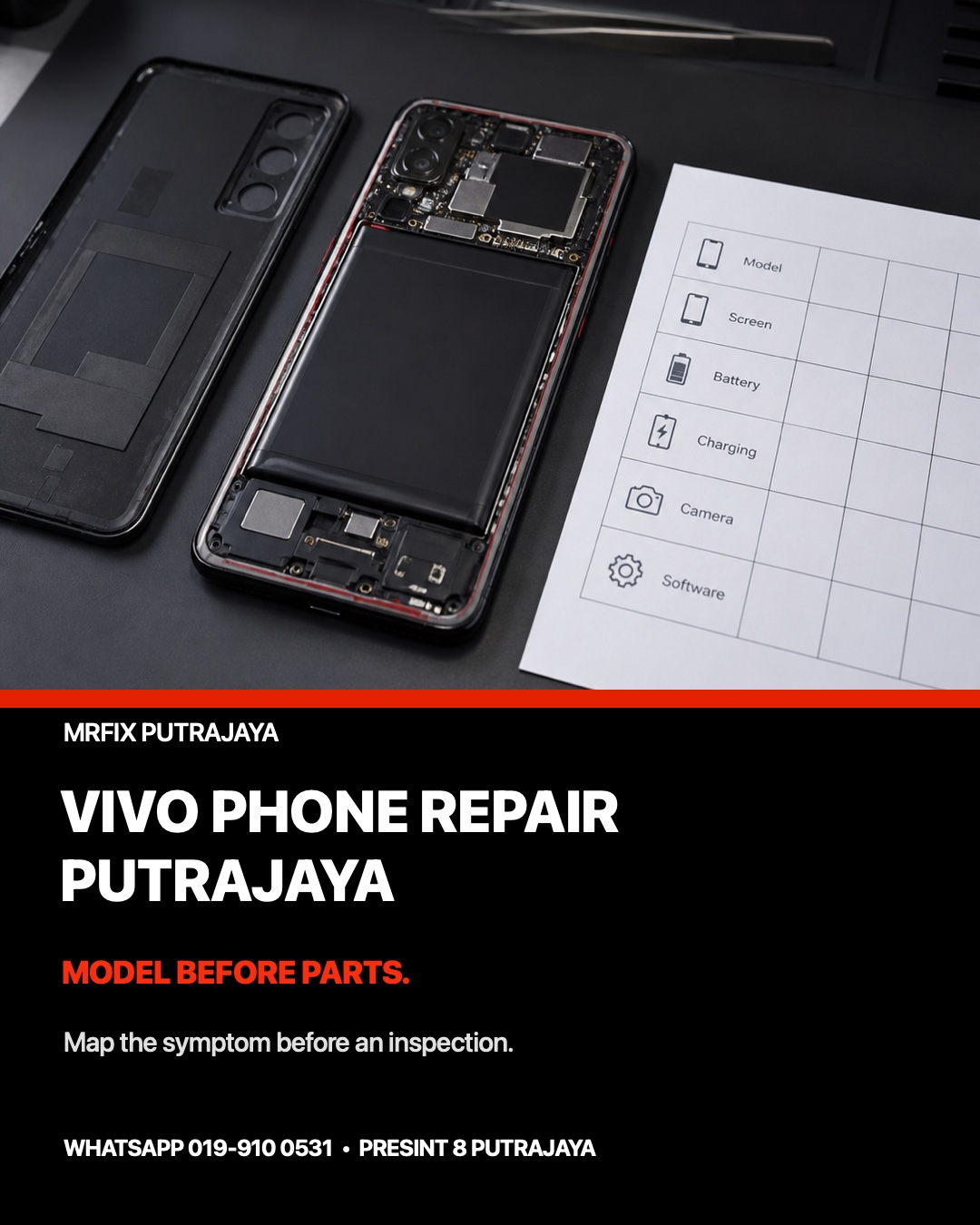 Vivo phone repair Putrajaya model and symptom assessment illustration on a professional electronics bench