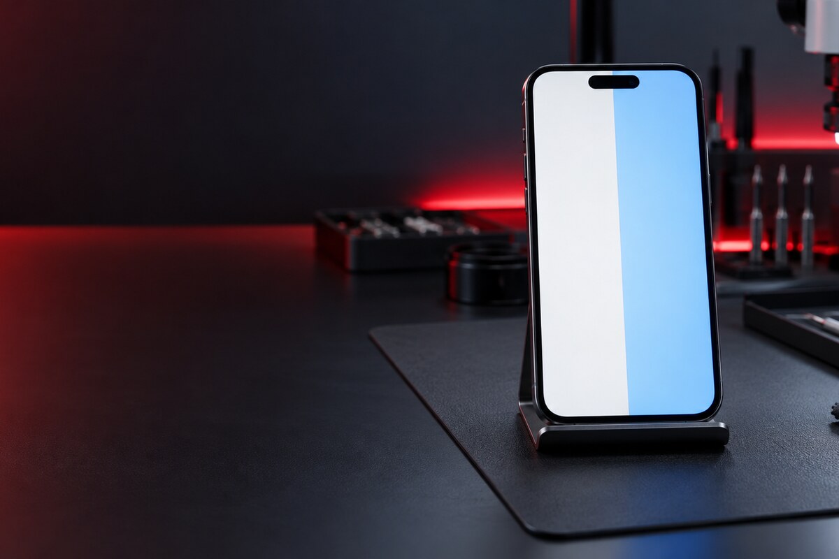 Phone screen with a cool display tint mapped in Bangi