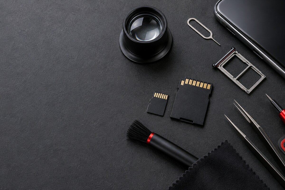 Phone memory card and tray prepared for a controlled read test